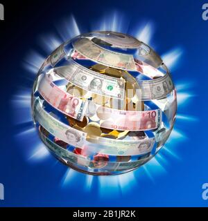 Money makes the world go around. A globe made of international currencies Stock Photo