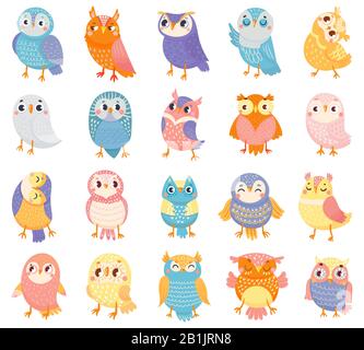 Cartoon owl. Cute color owls, forest birds and hand drawn baby owl vector illustration set Stock Vector