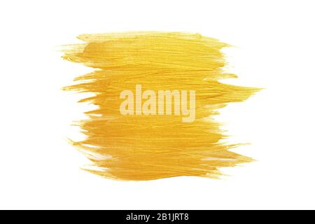 Abstract brush strokes of gold paint isolated on a white background. Golden paint trendy texture backdrop Stock Photo