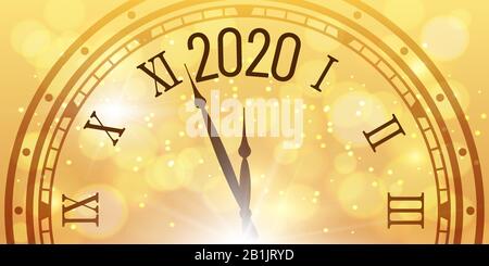 Shiny 2020 New Year poster. Christmas celebration clocks countdown on golden bokeh backdrop vector illustration Stock Vector