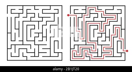 Labyrinth game way. Square maze, simple logic game with labyrinths way vector illustration Stock Vector