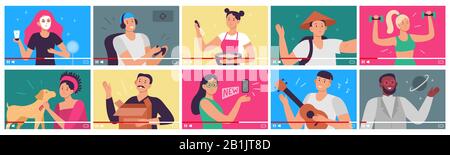 Video tutorial. Bloggers, content creators and vloggers influencers videos in player interface. People shoot video tutorials for internet flat vector Stock Vector