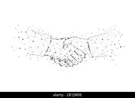 Handshake from triangles and luminous points. Concept of a successful business project. Black-and-white.  Polygonal illustration. Low poly. Stock Photo