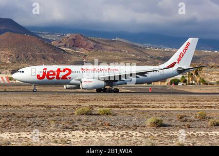 Tenerife, Spain – November 23, 2019: Jet2 Airbus A330 airplane at Tenerife South airport (TFS) in Spain. Airbus is a European aircraft manufacturer ba Stock Photo