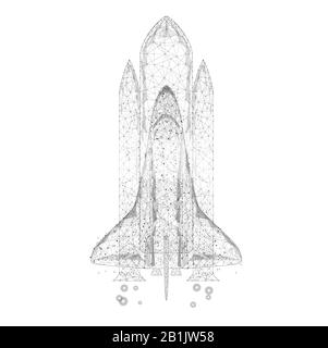 Polygonal illustration Shuttle launch from triangles and luminous points. Successful startup concept. Black and white. Low poly. Stock Photo