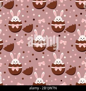Easter seamless pattern with chocolate broken sweet egg and cute bunny rabbit inside with ribbon, bow and dots. Stock Vector
