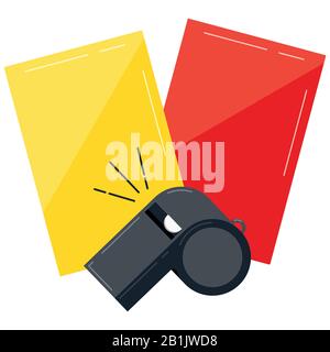 Referee whistle, yellow and red cards for football game isolated on white background. Stock Vector