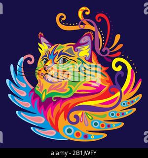 Colorful decorative zentangle doodle ornamental portrait of ragdoll cat. Decorative abstract vector illustration in different colors isolated on dark Stock Vector