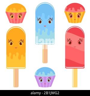 Set of flat colored isolated cartoon cakes drizzled a glaze of orange, red, blue. The striped baskets. Set of cute ice-cream on a wooden stick. Illust Stock Vector
