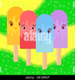 Set of flat colored isolated cartoon ice-cream, drizzled with orange glaze, pink, blue, purple. On wooden sticks. Illustration on an abstract yellow-g Stock Vector