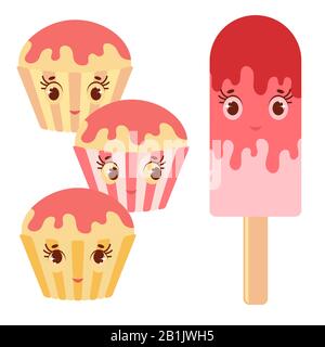 Set of flat colored isolated cartoon cake drenched with frosting is pink. The striped baskets. Pink Popsicle on a wooden stick smiling. Illustration o Stock Vector