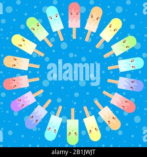 Set of flat colored isolated cartoon ice-cream, drizzled with glaze. On wooden sticks. Appetizing color. a round wreath of food on blue background Stock Vector