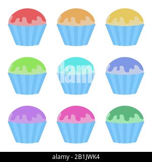 Set of flat colored isolated cakes drizzled with glaze. The striped baskets. Delicious color on a white background Stock Vector