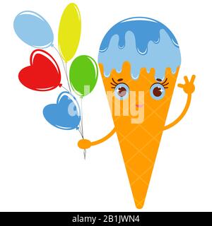 Orange cartoon waffle cone ice cream with colorful balloons of different shapes. Flat colored drawing on a white background. Stock Vector