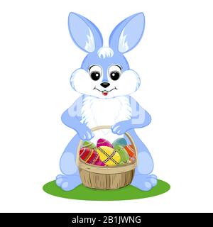 Cute Easter Bunny with a basket of eggs. A hare holds a basket of painted eggs. Vector. Stock Vector