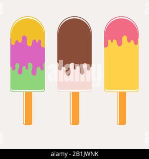 Set of flat colored insulated Popsicle drizzled with glaze. On wooden sticks. On a white background. Stock Vector