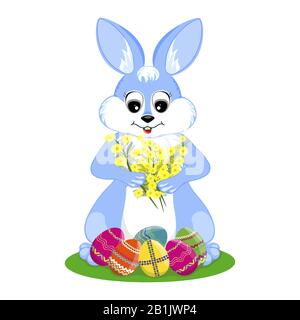 Cute Easter Bunny with Easter eggs. The hare holds Mimosa branches. Vector. Stock Vector