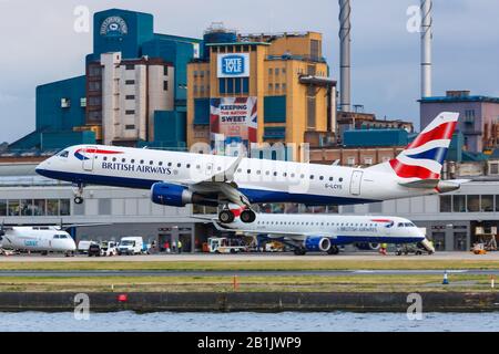 London, United Kingdom – July 7, 2019: British Airways BA CityFlyer Embraer 190 airplane at London City airport (LCY) in the United Kingdom. Stock Photo