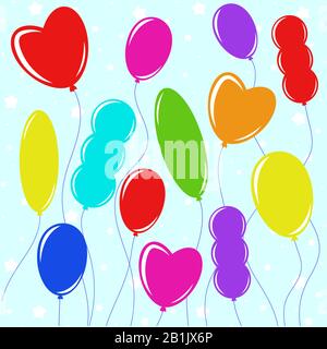 Set of flat colored isolated balloons on the clothesline. Simple drawing on a blue background Stock Vector