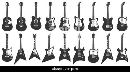 Black and white guitars. Acoustic strings music instruments, electric rock guitar silhouette and stencil guitars icons vector set Stock Vector
