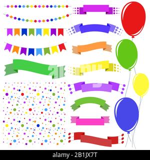Set of flat colored insulated garlands, confetti, ribbons of banners and balloons on ropes on a white background. Suitable for design. Stock Vector