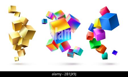 Abstract cubes compositions. Golden geometric shapes, colorful cubic 3D composition and bright color cube abstraction vector illustration set Stock Vector