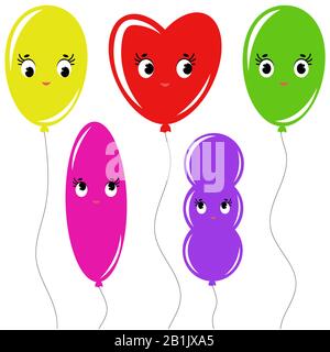 Set of flat colored isolated balloons cartoon on the ropes. Simple drawing on a white background Stock Vector