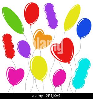 Set of flat colored isolated balloons on the clothesline. Simple drawing on a white background Stock Vector