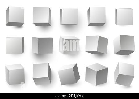 Realistic 3D white cubes. Minimal cube shape with different perspective, geometric box shapes vector illustration set Stock Vector