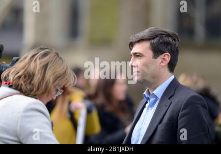 Andy Burnham, former Labour MP and now Mayor of Manchester, in Westminster to lobby Government about the safety of cladding on high-rise accommodation Stock Photo