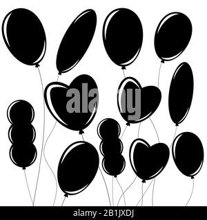 Set of flat isolated black silhouettes of balloons on ropes. Simple design on white background Stock Vector