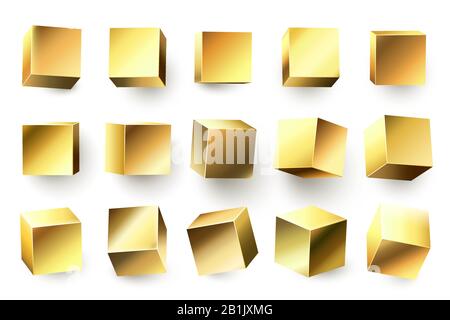 Gold metal cube. Realistic geometric 3D square shape, golden metallic cubes and shiny yellow shapes vector illustration set Stock Vector