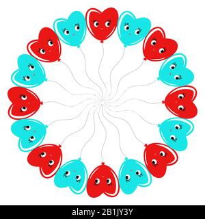 A round wreath of smiling balloons cartoon blue and red . On a white background Stock Vector
