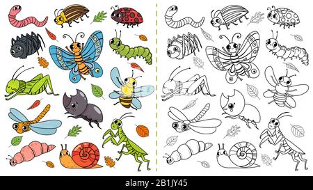 Cartoon insects color painting game. Draw cute insect with kids, funny bug, worm and caterpillar vector illustration Stock Vector
