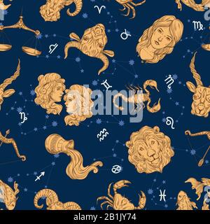 Seamless zodiac pattern. Aries, Leo and Sagittarius constellations. Cancer, Scorpio and Pisces. Taurus, Virgo and Capricorn. Gemini, Libra and Stock Vector