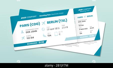 Two airline tickets. Airplane boarding ticket with passenger name, airlines flight invitation and airplanes pass vector illustration Stock Vector