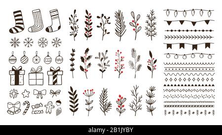 Hand drawn ornamental winter elements. Doodle christmas snowflake, floral branches and decorative borders vector set Stock Vector