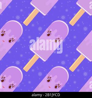 Seamless pattern of smiling cartoon purple Popsicles on wooden sticks. watered colored glaze. On a blue background. Stock Vector