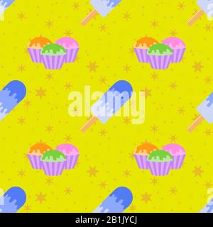 Colored seamless pattern delicious pastries, and blue Popsicle with the glaze. Simple flat illustration on yellow background with orange stars Stock Vector