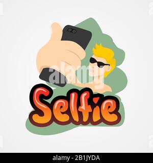 Young man taking selfie with smartphone simple flat style vector illustration. Stock Vector