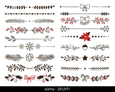 Hand drawn ornamental winter dividers. Snowflakes borders, Christmas holiday decor and floral ornate dividers vector set Stock Vector