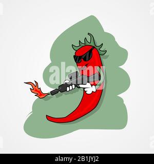Hot spicy red pepper with fire gun simple flat style vector illustration. Stock Vector