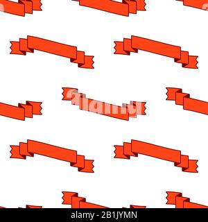 Seamless pattern of flat red curved ribbon banners. On a white background. Stock Vector