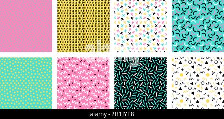 Colorful memphis seamless patterns. Fashion 80s mosaic texture, color retro textures and geometric lines and dots pattern vector set Stock Vector
