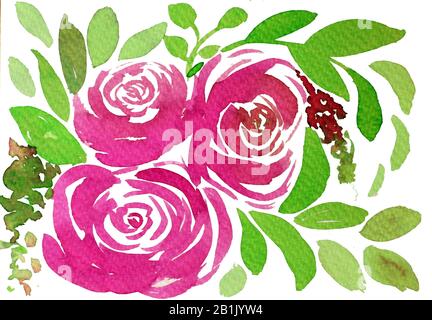 Watercolor pink peony flower with leaf branch isolated on white background Stock Photo