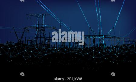 Electric Towers polygonal. Concept Production and transportation of electricity. Background of beautiful dark blue night sky with lines and dots. Stock Photo