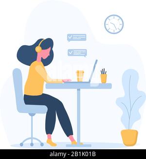Womens freelance. Girl in headphones with laptop sitting at a table. Concept illustration for working, studying, education, work from home. Stock Vector
