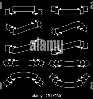 Set of isolated flat black ribbon banners with white stroke. On a black background. Suitable for design Stock Vector