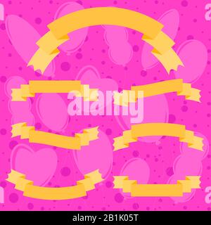 Set of isolated flat colored ribbon banners. On a pink background with silhouettes of balloons. Suitable for design Stock Vector