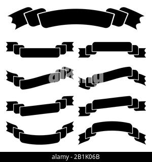 A set of flat black isolated silhouettes of ribbons banners on white background Stock Vector